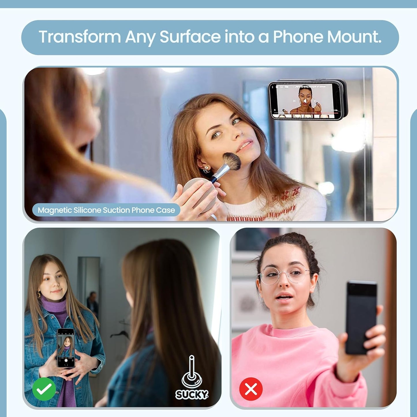 SUCKY Silicone Suction Phone Case Adhesive Mount - Anti-Slip Holder, Hands-Free Fidget Toy, Phone Accessory for iPhone and Android (Crystal White, Magnetic)