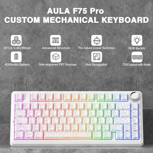 AULA F75 Pro Wireless Mechanical Keyboard with Knob,75% Hot Swappable Custom Gaming Keyboards,RGB Backlit,Pre-lubed Switches,Side Printed PBT Keycaps Creamy Sounding Computer Keyboard, Line White