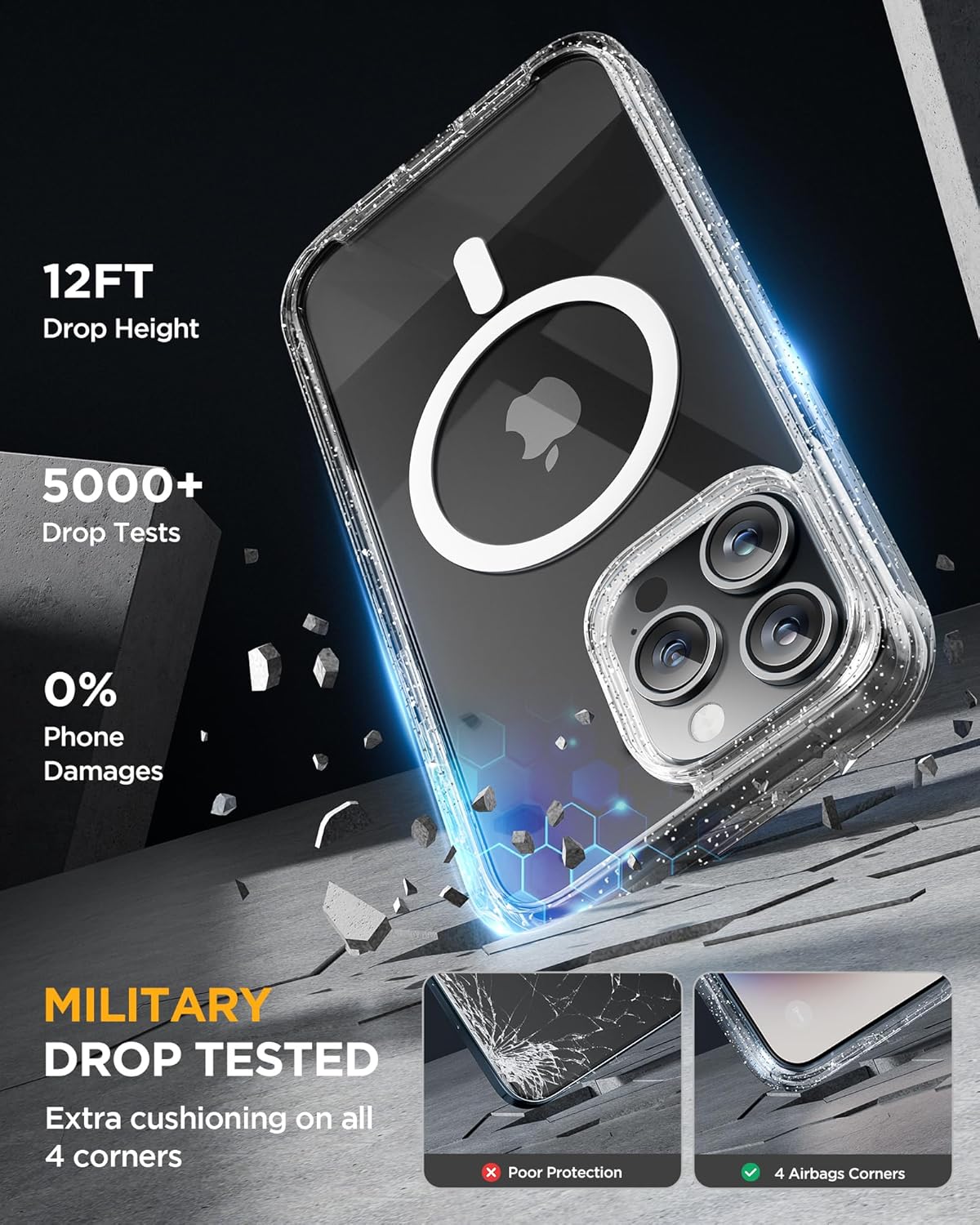 Miracase Magnetic for iPhone 15 Pro Case [Compatible with MagSafe] Full-Body Phone case with Built-in Glass Screen Protector& Camera Protector, Military Drop Proof 15 Pro Cover, Magnetic Clear Glitter