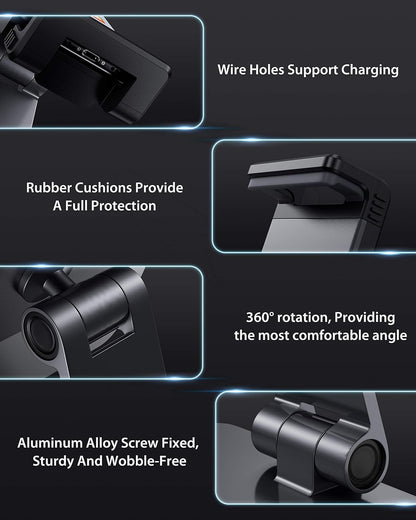 Maxonar iPad Stand Holder, Heavy-Duty Aluminum Alloy Tablet Stand, 360° Swivel Foldable iPad Pro Air Charging Stand Holder for Desk Bed Store POS Showcase Reception Kitchen Office (6-13''), Grey