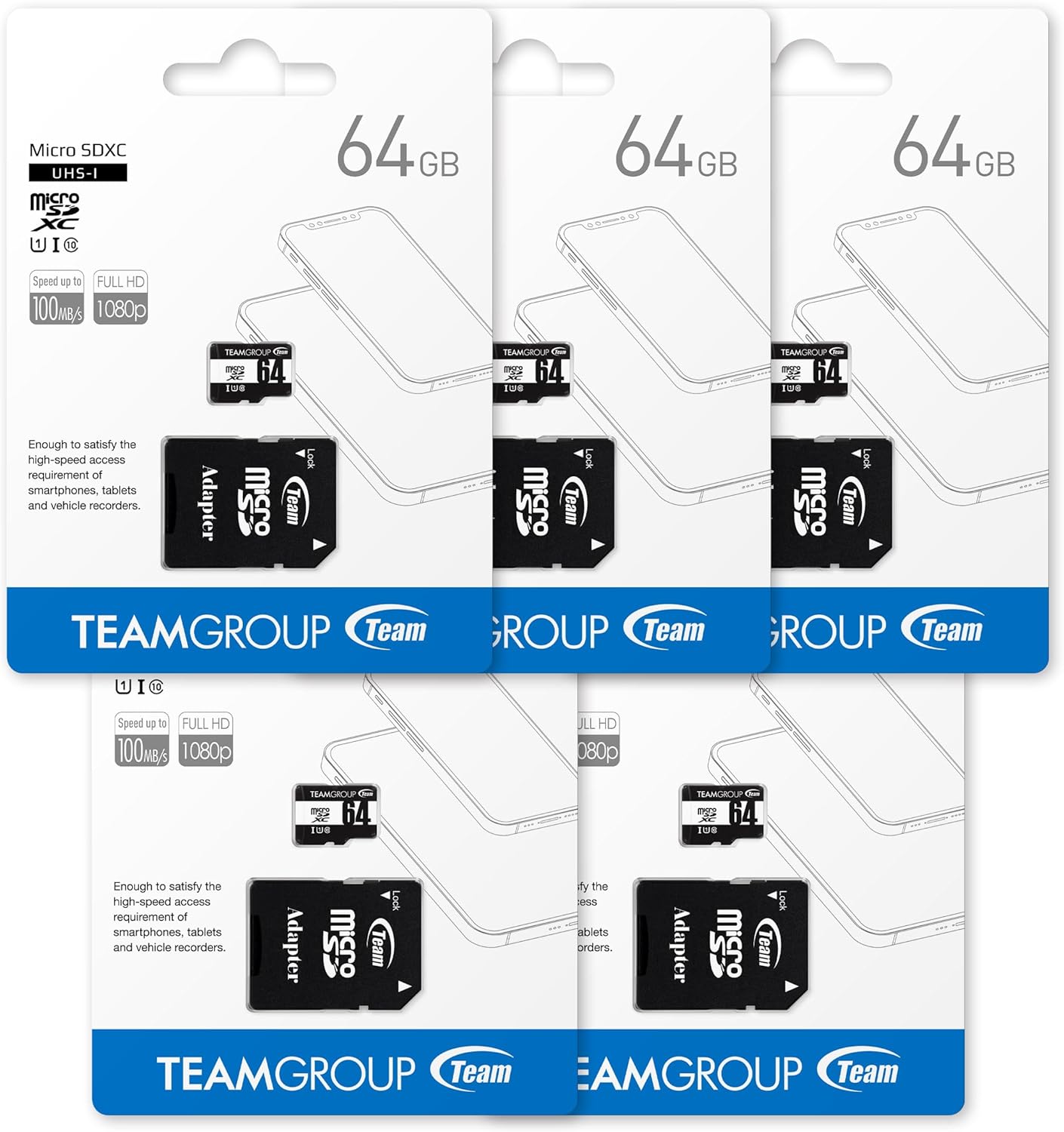 TEAMGROUP Micro 64GB x 5 Pack UHS-I U1 Class 10 SDHC SDXC Read Speed up to 100MB/s High Speed Flash Meomry Card with Adapter for Camera, Surveillance, Full HD Shooting TUSDX64GCL10U63