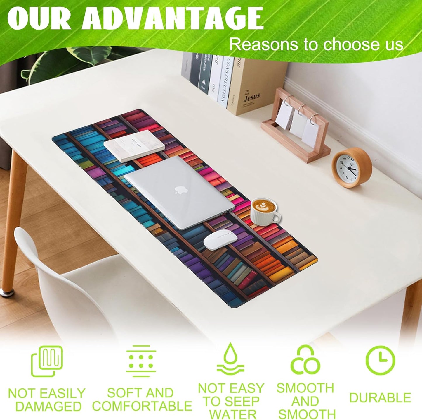 Large Gaming Mouse Pad for Desk,Bookshelves Full of Books Desk Mat,Colorful Books Desk Pad,Extended Big Computer Keyboard Mouse Pad with Non-Slip Base and Stitched Edge,31.5"x11.8"