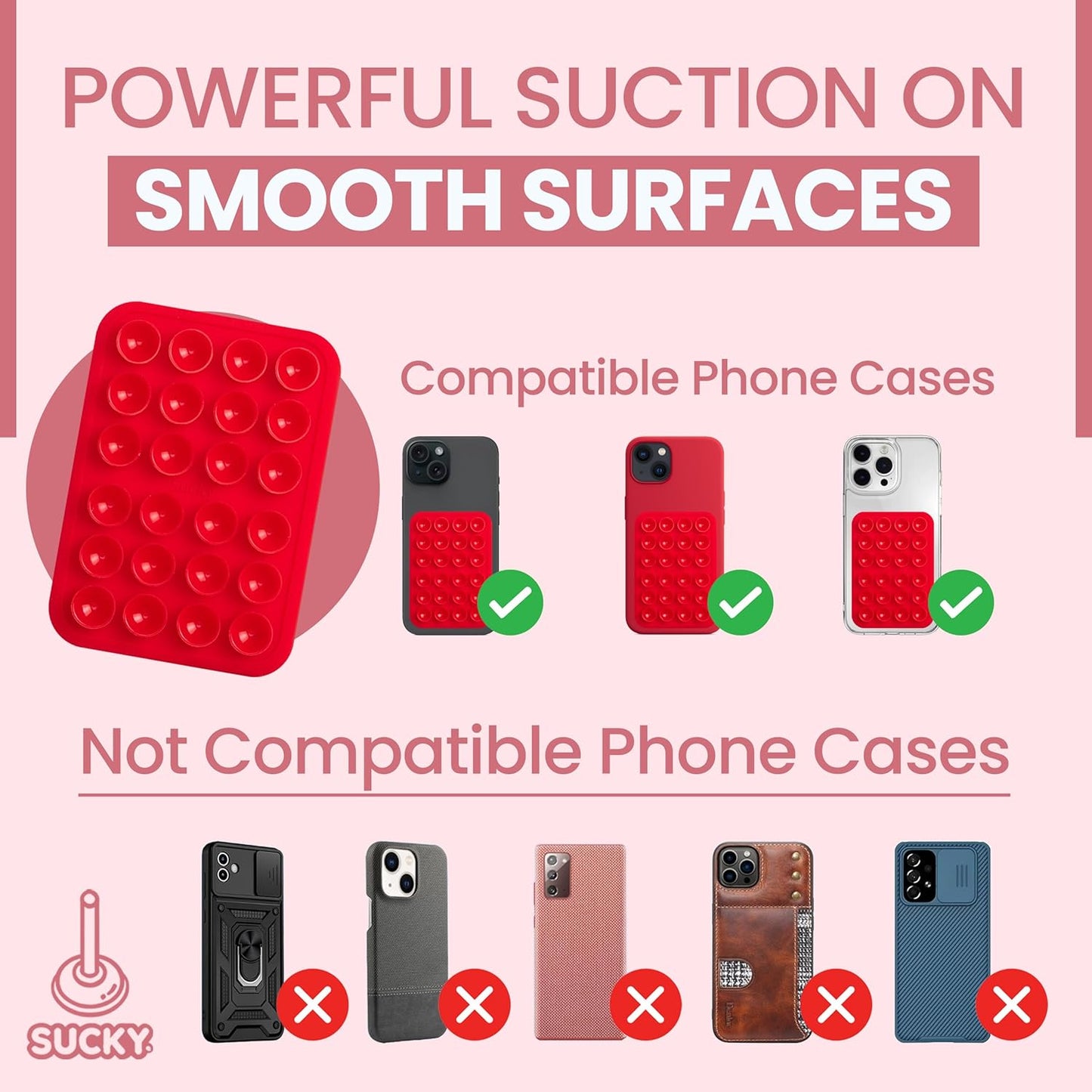SUCKY Silicone Suction Phone Case Adhesive Octo Cup Buddy Mount - Anti-Slip Holder, Hands-Free Phone Accessory for iPhone and Android - Sticky Grip for Selfies, Videos - Red