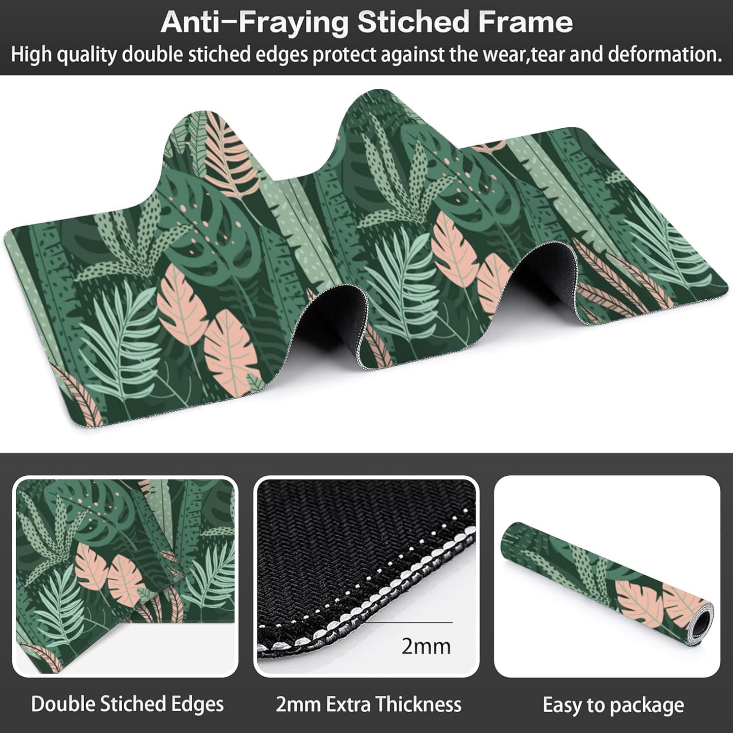 Tropical Plants and Leaves Desk Mat,Large Tropical Palm Leaves Gaming Keyboard Mouse Pad,Non-Slip Rubber Base Desk Pad Thick Stitched Edges Waterproof Mousepad Mouse Mat 31.5"x11.8"