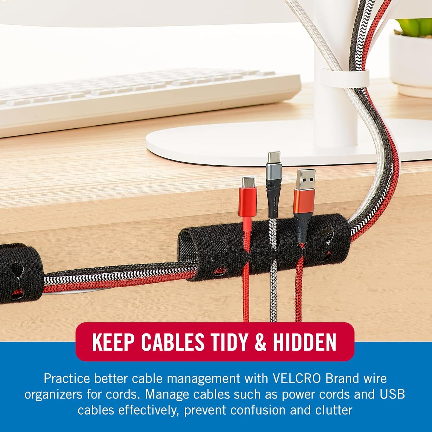 VELCRO Brand Cord Organizer for Desk & Nightstand, 5 Cable Slots with Sleeve Routing, Adhesive Wire Holder for Cord Management, Home, Workshop, Gaming & Office Essentials, Black 2 Pack
