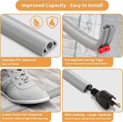 5ft Cord Cover Floor for Extension Cords, Self-Adhesive Floor Cable Cover to Protect Cables & Prevent Tripping, PVC Cord Hider Protector, Internal Wire Management Channel Diameter: 0.39", Gray