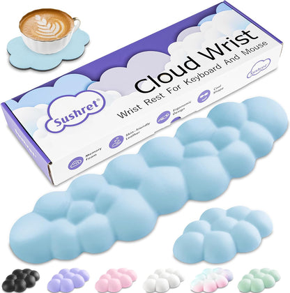 Cloud Wrist Rest Keyboard, Cloud Keyboard Wrist Pad Set with PU Leather Memory Foam, Cute Arm Rest for Palm Support, PC/Gaming Desk Accessories/Office Setup/Computer Hand Cushion - Blue