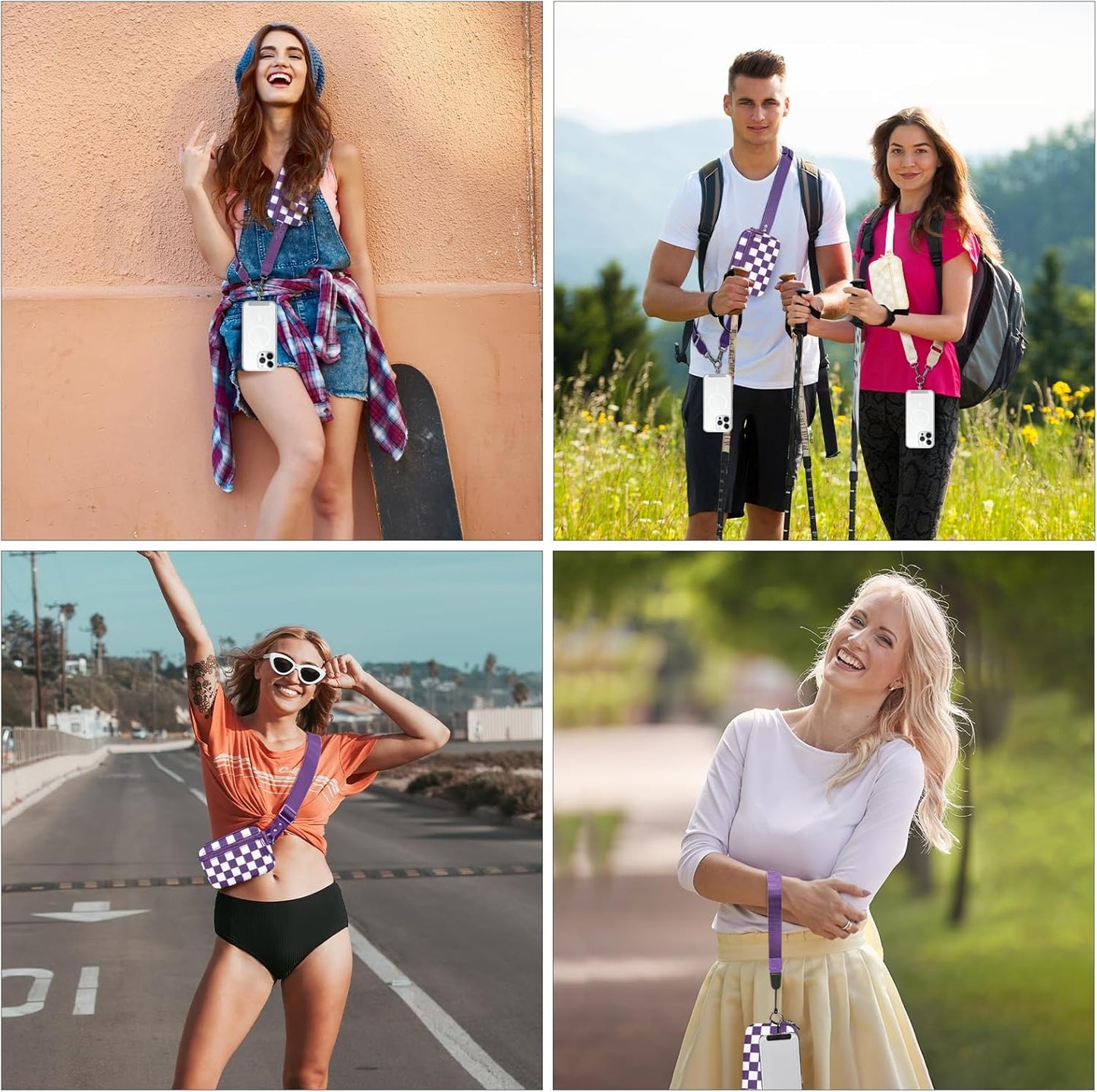 Clip and Go Strap for Phone with Wallet Crossbody, Adjustable Phone Lanyard with Detachable RFID Wristlet Wallet, Phone Strap with Phone Tabs for All Phones, Purple Checkered (M)