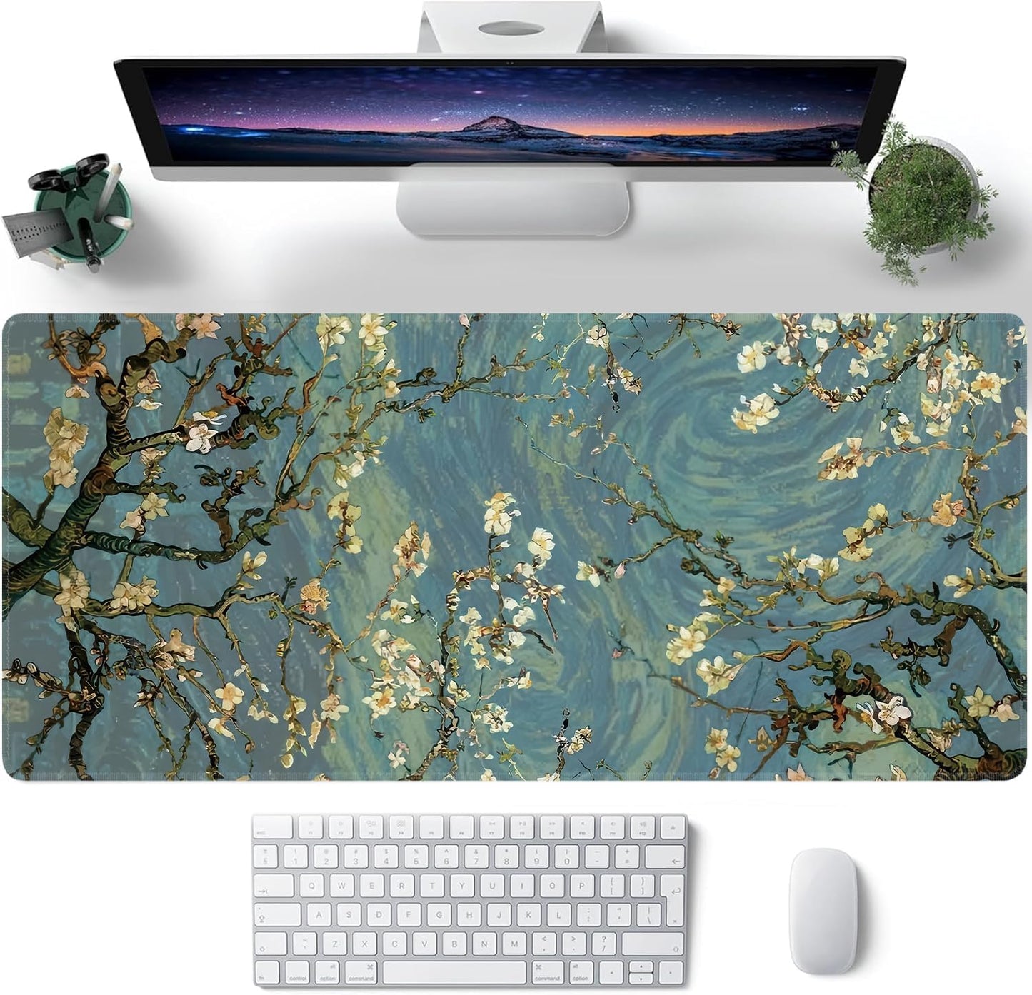 Almond Blossoms Large Mouse Pad,Gaming Keyboard Desk Pad,Extended Mouse Mat Non-Slip Rubber Base with Stitched Edges for Office Game Home XXL 35.4"x15.7"