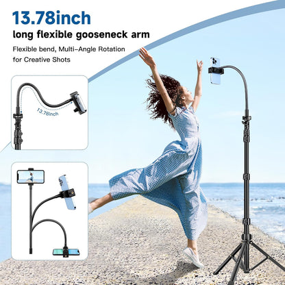 Phone Tripod Stand, 85" Tall Cellphone Tripod for iPhone with Gooseneck Remote, Flexible Portable Phone Stand for Recording, Compatible with iPhone 14 13 12 pro Android Camera