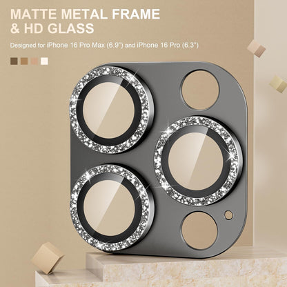 beuxece Compatible for iPhone 16 Pro/iPhone 16 Pro Max Camera Lens Protector, Bling Metal Tempered Glass Camera Screen Cover Accessories [Strong Adsorption][Case-Friendly]- Glitter Titanium Natural