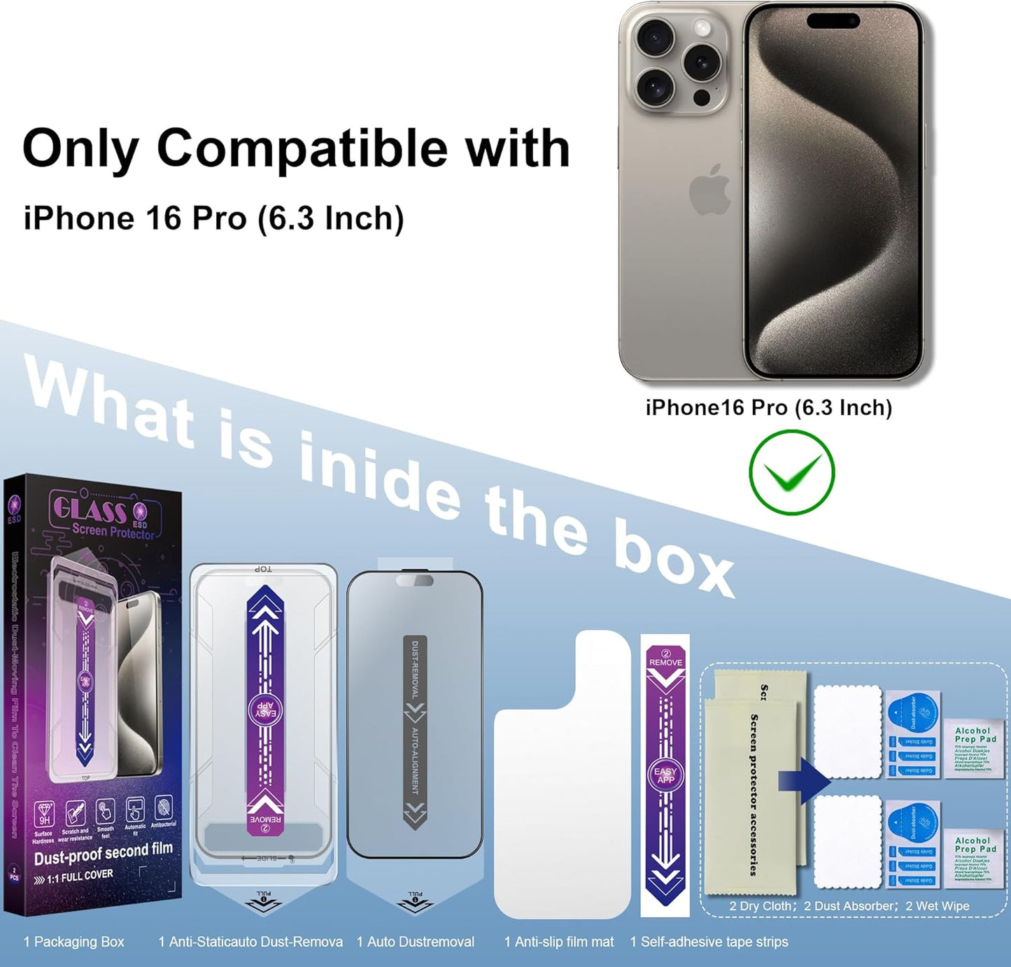 2 Pack Matte Screen Protector for iPhone 16 Pro 6.3-Inch Auto Dust Removal, No Bubbles, Tempered Glass Film, Easy Installation