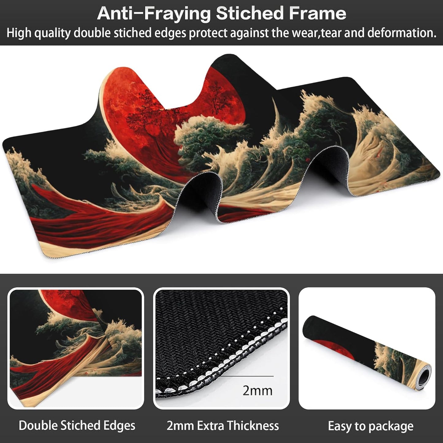 Red Moon Above The Sea Desk Mat,Large Chinese Style Landscape Gaming Keyboard Mouse Pad,Non-Slip Rubber Base Desk Pad Thick Stitched Edges Waterproof Mousepad Mouse Mat 31.5"x11.8"