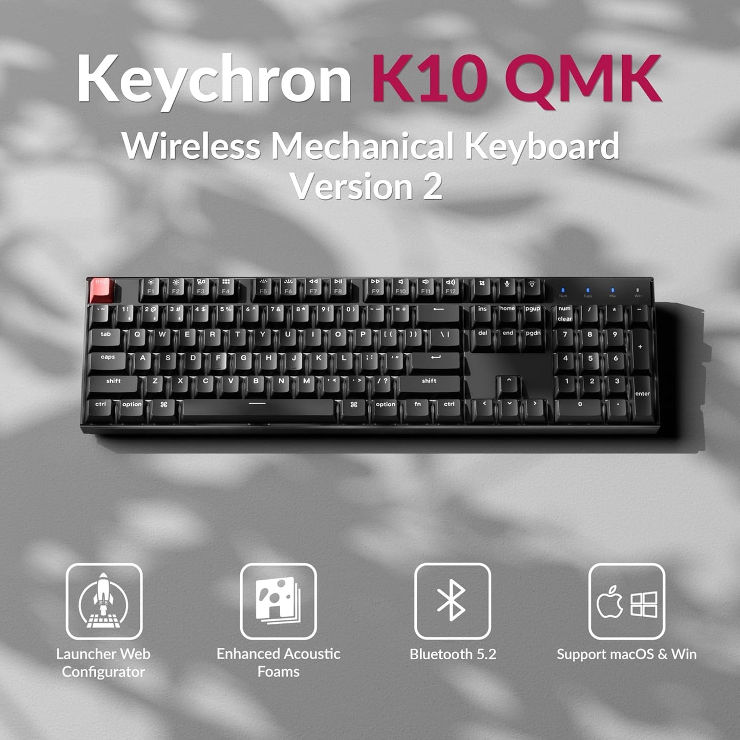 Keychron K10 Full Size Layout White LED Backlit Hot-Swappable Mechanical Keyboard for Mac Windows, 104-Key Bluetooth Wireless/USB Wired Computer Keyboard with Keychron Super Brown Switch(Version 2)