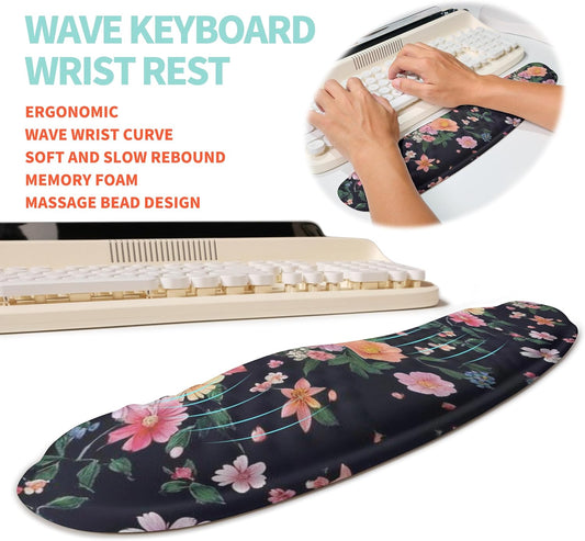 2-in-1 Ergonomic Set, Wave Rise Keyboard Wrist Rest and Massage Bulge Slope Mouse Pad Wrist Support, Cushion Memory Foam Integrated to Relieve Wrist Pain, Flower Dance