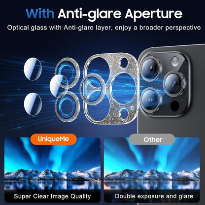 UniqueMe for 3 Pack iPhone 16 Pro/iPhone 16 Pro Max Camera Lens Protector - [Drop Protection] [Case Friendly] 9H Tempered Glass Camera Cover Screen [Update New Version] - Glitter Black