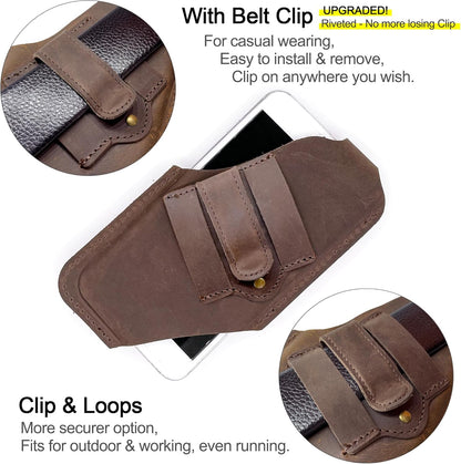 TobbinGear Left-Handed Leather Cell Phone Holster with Belt Clip, Universal Phone Holster for Men Belt Holder, Leather Case for iPhone, Samsung Galaxy Phones, Dark Brown, Medium