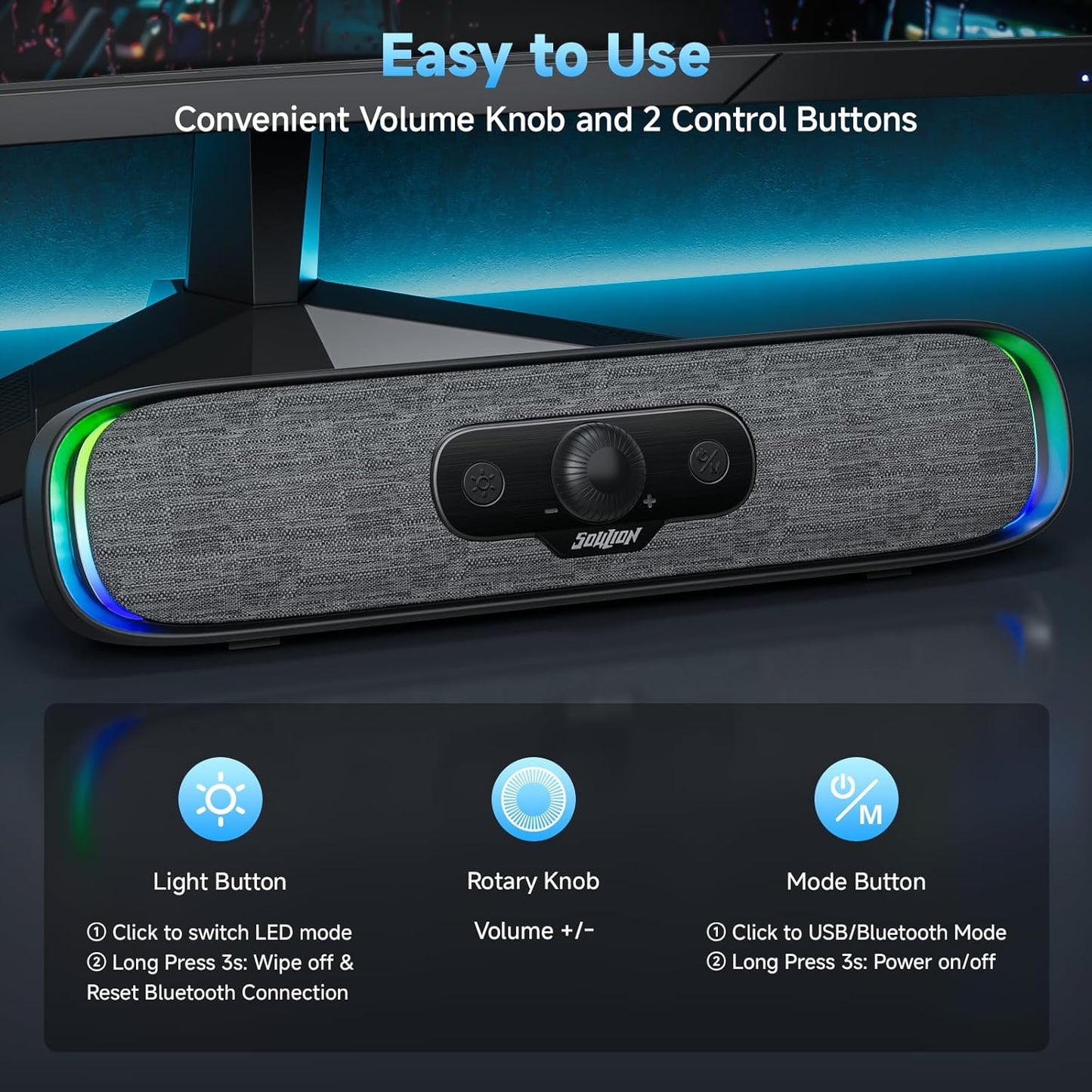 SOULION R200 Bluetooth Computer Speakers, Compact PC Speakers, USB C/USB Plug & Play Desktop Speaker with Colorful LED Lights, Clear Sound PC Soundbar for Computer Desktop Laptop Monitor