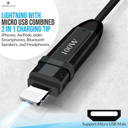100W Multi Charging Cable - 6-in-1 Universal Fast Charging Cable with Zinc Alloy Connectors & PU Cable, Adjustable Length 120cm | C to C, USB to Type-C, Lightning, Micro - MFI Certified