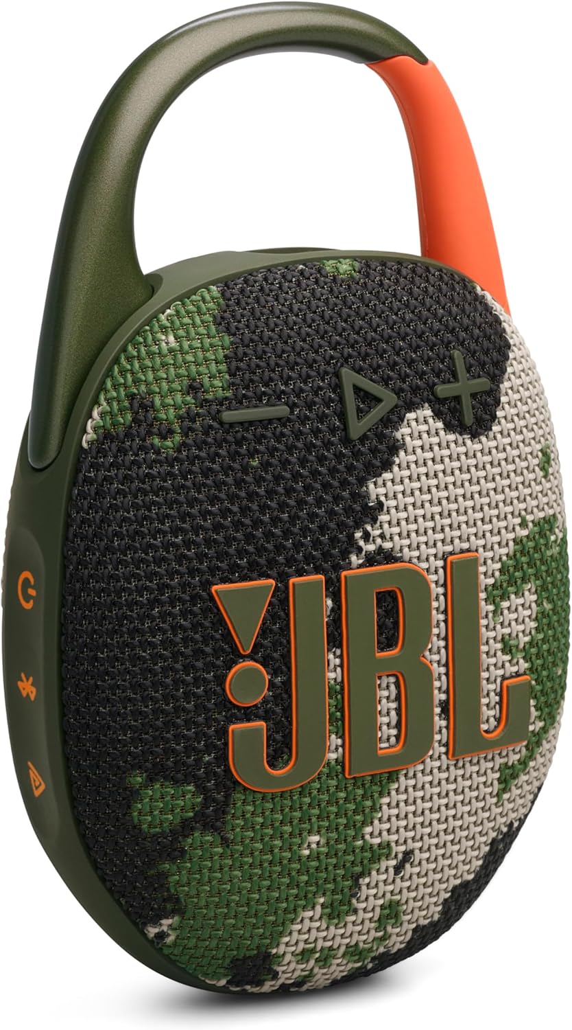 JBL Clip 5 - Ultra-Portable, Waterproof & Dustproof Bluetooth Speaker, Big Pro Sound with Punchy bass, Integrated Carabiner, Up to 12 Hours of Play, Made in Part with Recycled Materials (Squad)