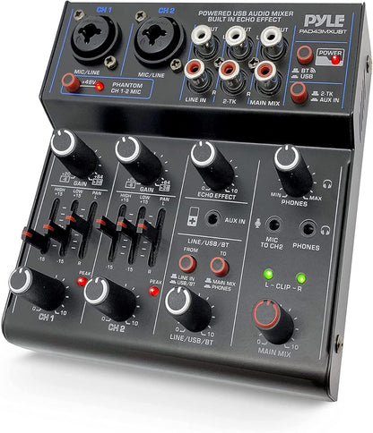 Pyle Professional Wireless DJ Audio Mixer - 4 Channel Bluetooth Controller Sound Mixer, USB Audio Interface, 2 Combo Jack XLR+6.35mm Mic/Line/Guitar in, 3.5mm, RCA AUX, Headphone Jack - PAD43MXUBT