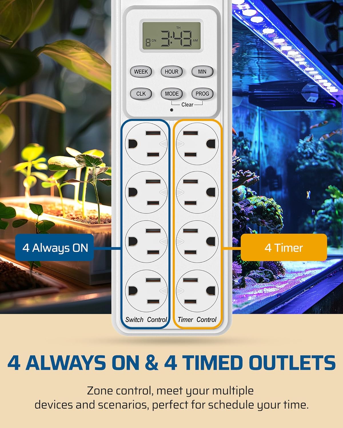 DEWENWILS 8 Outlet Power Strip with Timer (4 Timed/4 Always On), Indoor Digital Timer Outlet for Reptile Light, Turtle Grow Light, Bearded Dragon Tank, Aquarium, 6ft Flat Plug Cord, 15A, UL Listed