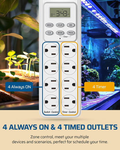DEWENWILS 8 Outlet Power Strip with Timer (4 Timed/4 Always On), Indoor Digital Timer Outlet for Reptile Light, Turtle Grow Light, Bearded Dragon Tank, Aquarium, 6ft Flat Plug Cord, 15A, UL Listed