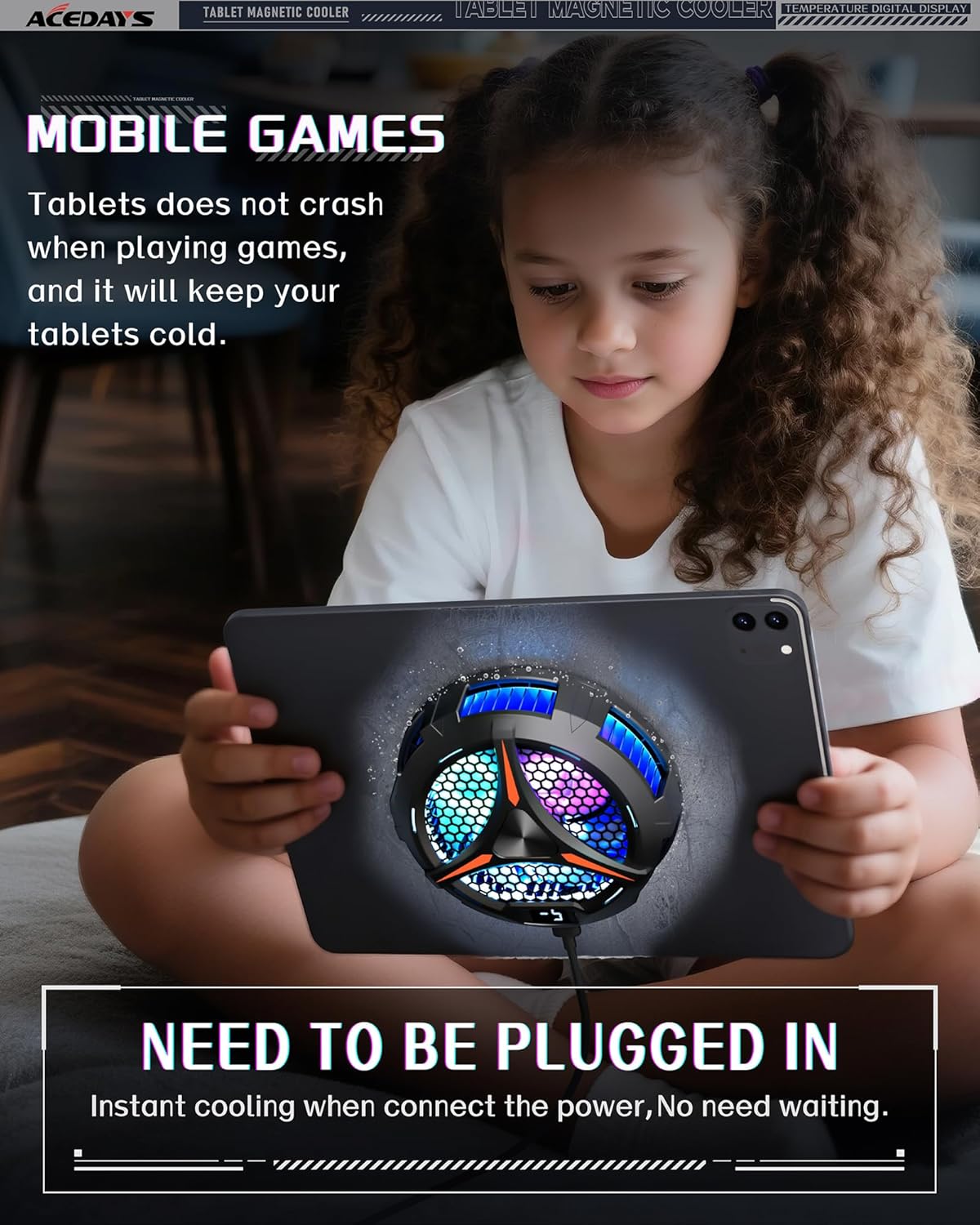 iPad Cooler,Magnetic Tablet Cooler for ipad/Surface pro/Samsung Tab,Compatible for Steam Deck,Universal Radiator with Temperature Display for Mobile Gaming,Tiktok Live Streaming