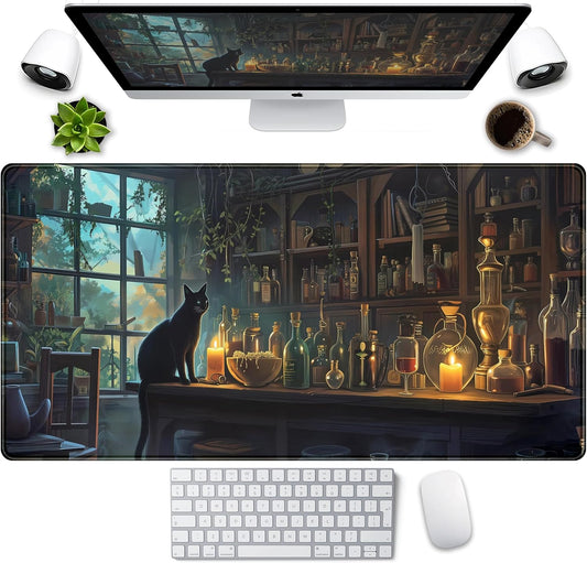 Cute Kawaii Cat Desk Mat XXL Large Gaming Mouse Pad Anime Cats Desk Pad, Vintage Computer Mat for Women Office Desk Decor Pad Gamer Gift, Laptop Keyboard Mouse Mat with Stitched Edges 31.5x15.75 in