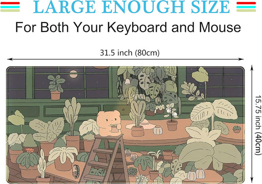 Cute Desk Mat Kawaii Bear Mousepad Cute Anime Plant Desk Protector, Kawai Aesthetic Brown and Green Forest Keyboard Mat, Large Mouse Pad XXL Gaming Desk Pad XL Office Home Decor for Women Girls