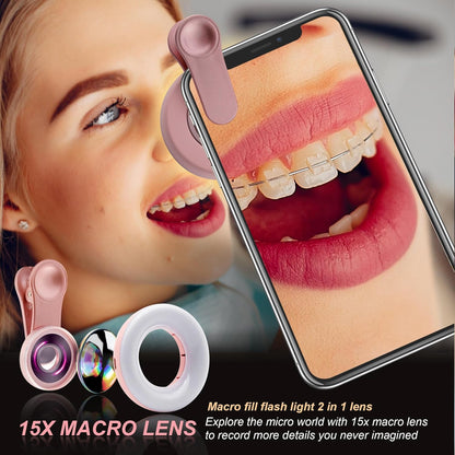 Macro Lens for iPhone and Android with Mini Clip Ring Light, Portable Rechargeable Dimming, for Smart Phone Photography, Camera Video Recording, VLOG