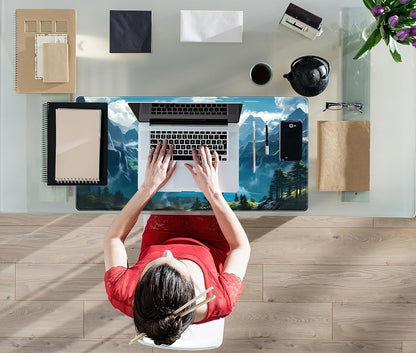 Aesthetic Mountain Vista Desk Mat, Blue Natural Wonder XXL Large Extended Gaming Mouse Pad Mat Non-Slip Mousepad, Computer Keyboard and Mouse Mat, Desk Pad with Stitched Edges, 31.5x15.75 in