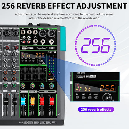 Depusheng MX12 12 Channel Sound Mixer Audio Mixing Console 48V 256DSP Professional USB PC Play Record Podcast Live Broadcast (US MX12)