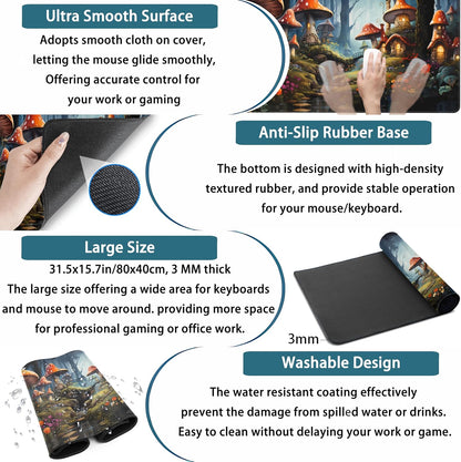 Cute Anime Mushroom Desk Pad Floral Desk Mat, XXL Large Extended Mousepad Gaming Mouse Pad Computer Mat with Stitched Edges, Fantasy Office Decor Laptop Keyboard and Mouse Mat, 31.5x15.75 in