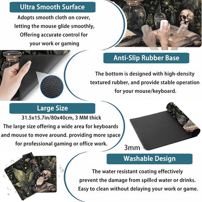 Cute Skull Desk Mat Dark Academia Desk Matt for Desktop Kawaii Anime Plants Mouse Pad XXL Extended Large Gaming Desk Pad, Laptop Computer Keyboard Mouse Mat Office Decor Accessories, 31.5x15.75 in