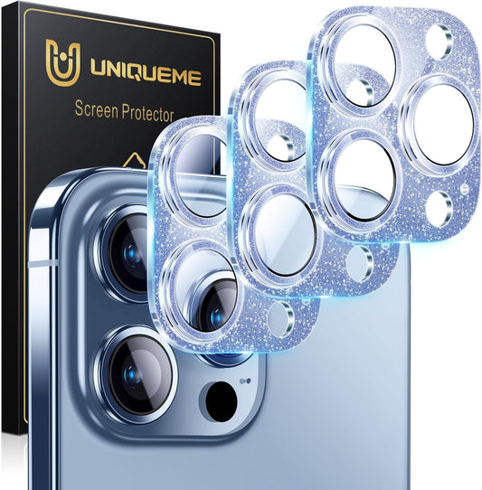 UniqueMe 3 Packs Compatible for iPhone 13 Pro Max/iPhone 13 Pro Camera Lens Protector Acrylic [Not Glass],[Case Friendly][Scratch-Resistant][Night Shooting Mode]-Glitter Blue