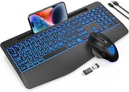Wireless Keyboard and Mouse Backlits, Wrist Rest, LED Mouse, Rechargeable Ergonomic Keyboard with Phone Holder, Silent Light Up Combo for Computer, Mac, PC, Laptop, Chromebook (Black Large Print)