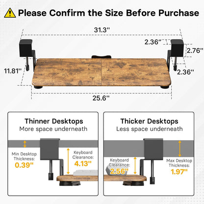 BONTEC KMT01 Under Desk Keyboard Tray, Pull-Out Keyboard & Mouse Platform with C-Clamp, 25.6 x 11.8 in Space-Saving Ergonomic Slide-Out Drawer, Rustic Brown