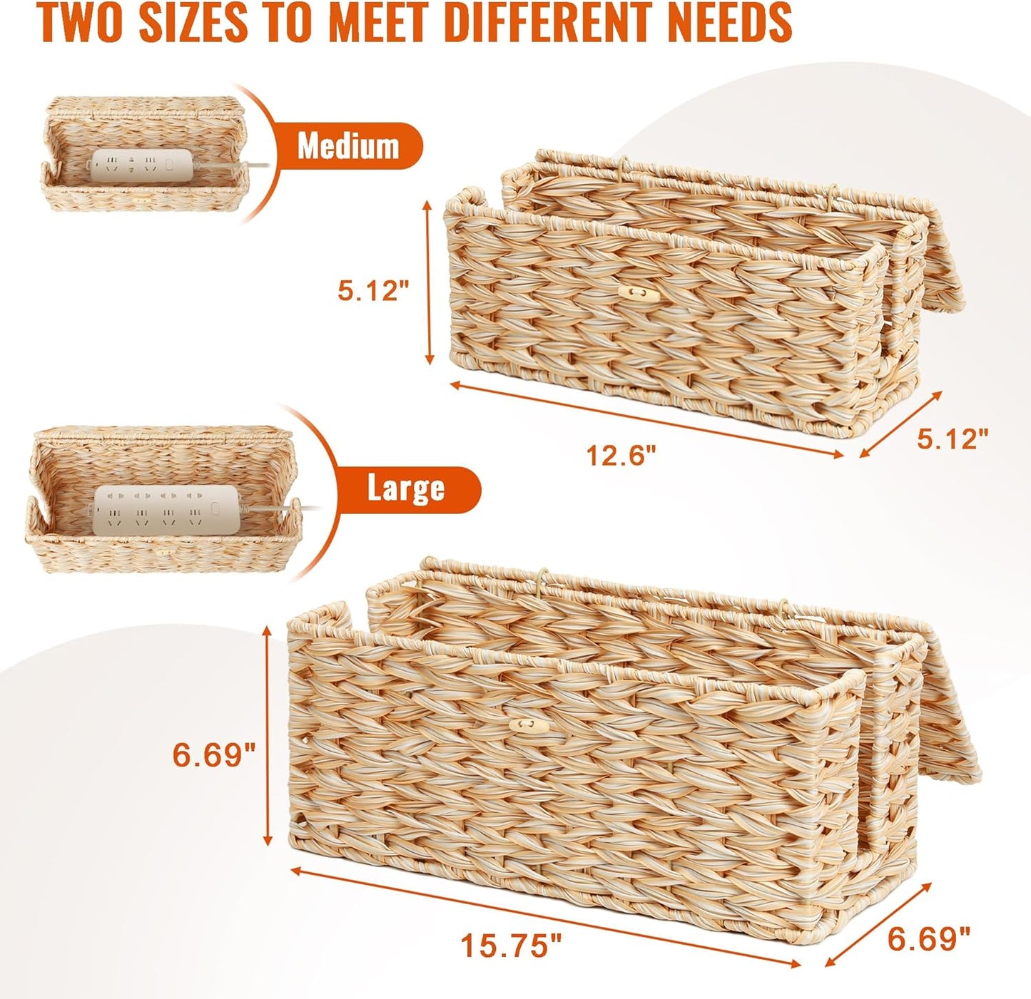 Posprica Cable Management Box with Lid, 2 Pack Handwoven Faux Ratten Cord Hider Organizer Boxes, 2 Side Open Slots Storage Box to Hide Cords and Power Strip for Desk, Floor, Office