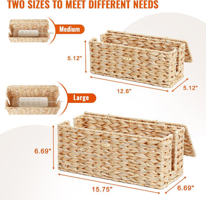 Posprica Cable Management Box with Lid, 2 Pack Handwoven Faux Ratten Cord Hider Organizer Boxes, 2 Side Open Slots Storage Box to Hide Cords and Power Strip for Desk, Floor, Office