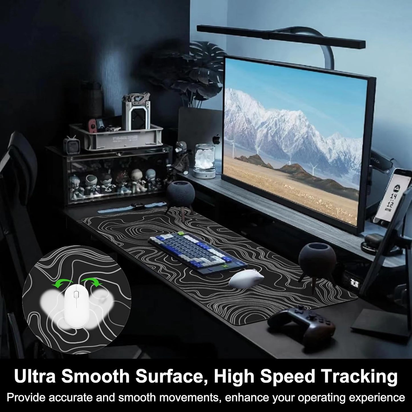 Mouse Pad, Large Mountain Topographic Terrain Map Desk Mat, Extended Non-Slip Gaming Keyboard Mousepad Desk Pad, Thick Stitched Edges Waterproof Mouse Mat 31.5"x15.7" (White Topographic Line Art)