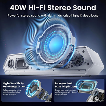 Deeyaple Computer Speakers, 40W Wireless Soundbar for Desktop PC with Bluetooth 5.3 & USB Audio, Dynamic RGB Lighting, Software Custom EQ, External Power Adapter Gaming Speakers, Laptop, Xbox White
