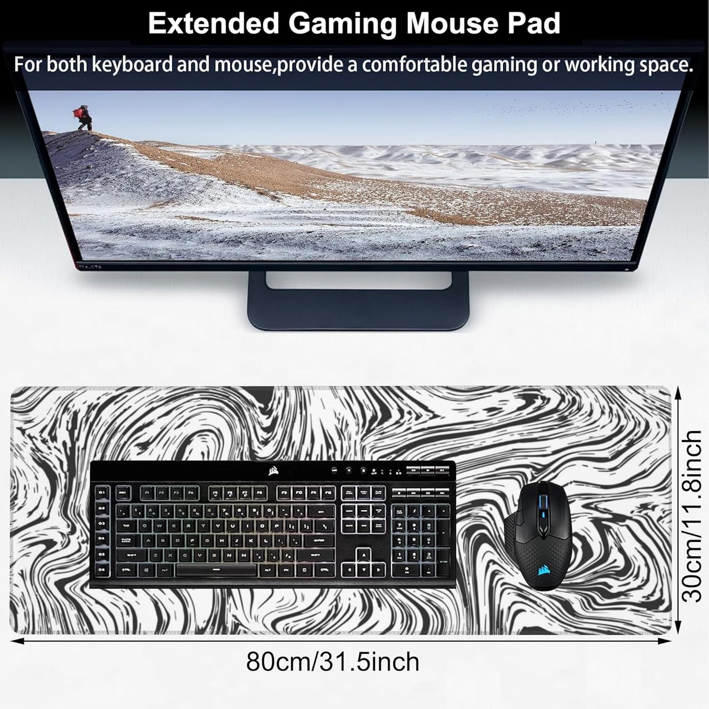 Black and White Marble Desk Mat,Large Abstract Marble Texture Gaming Keyboard Mouse Pad,Non-Slip Rubber Base Desk Pad Thick Stitched Edges Waterproof Mousepad Mouse Mat 31.5"x11.8"