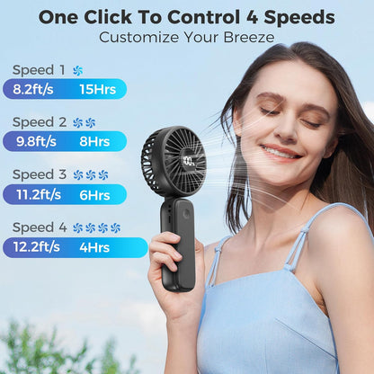 Portable Handheld Fan, 5000mAh Rechargeable Battery, Max 15H Cooling, 4 Speeds, LED Display, Foldable Design, 3-IN-1 Personal Pocket Fan with lanyard for Travel Outdoors Makeup Concert Commute
