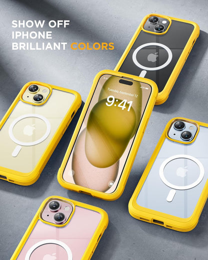 Miracase Glass Series for iPhone 15 Case [Compatible with MagSafe] Full-Body Magnetic Case with Built-in 9H Tempered Glass Anti-Fingerprint Screen Protector + Camera Lens Protector, Lemon Yellow