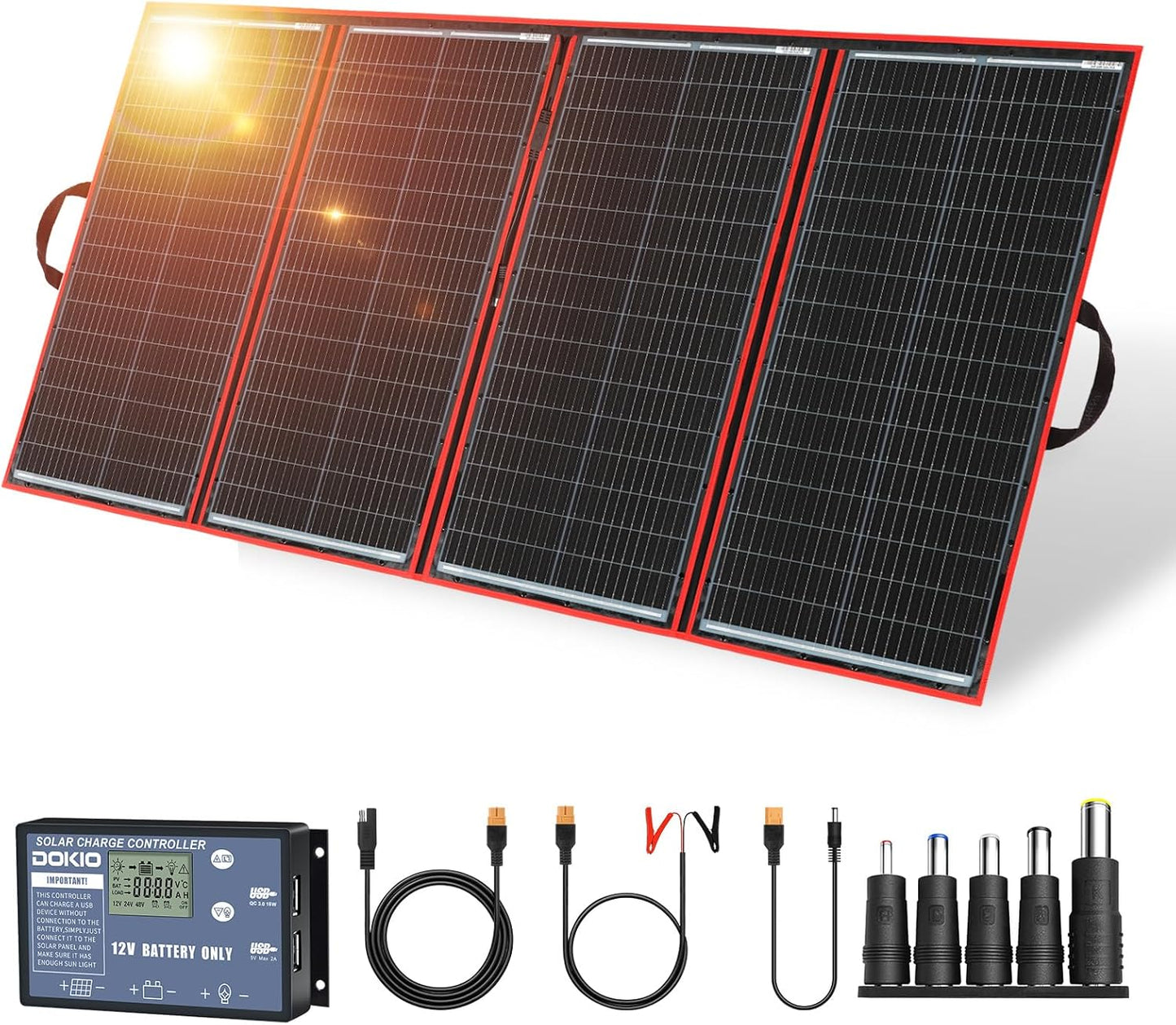 DOKIO 300W Portable Foldable Solar Panel Kit (20x38in, 15.3lb), with Separate Controller and Dual USB, Monocrystalline Charger for 12V Batteries & Power Stations, RV Camping Trailer Emergency Backup