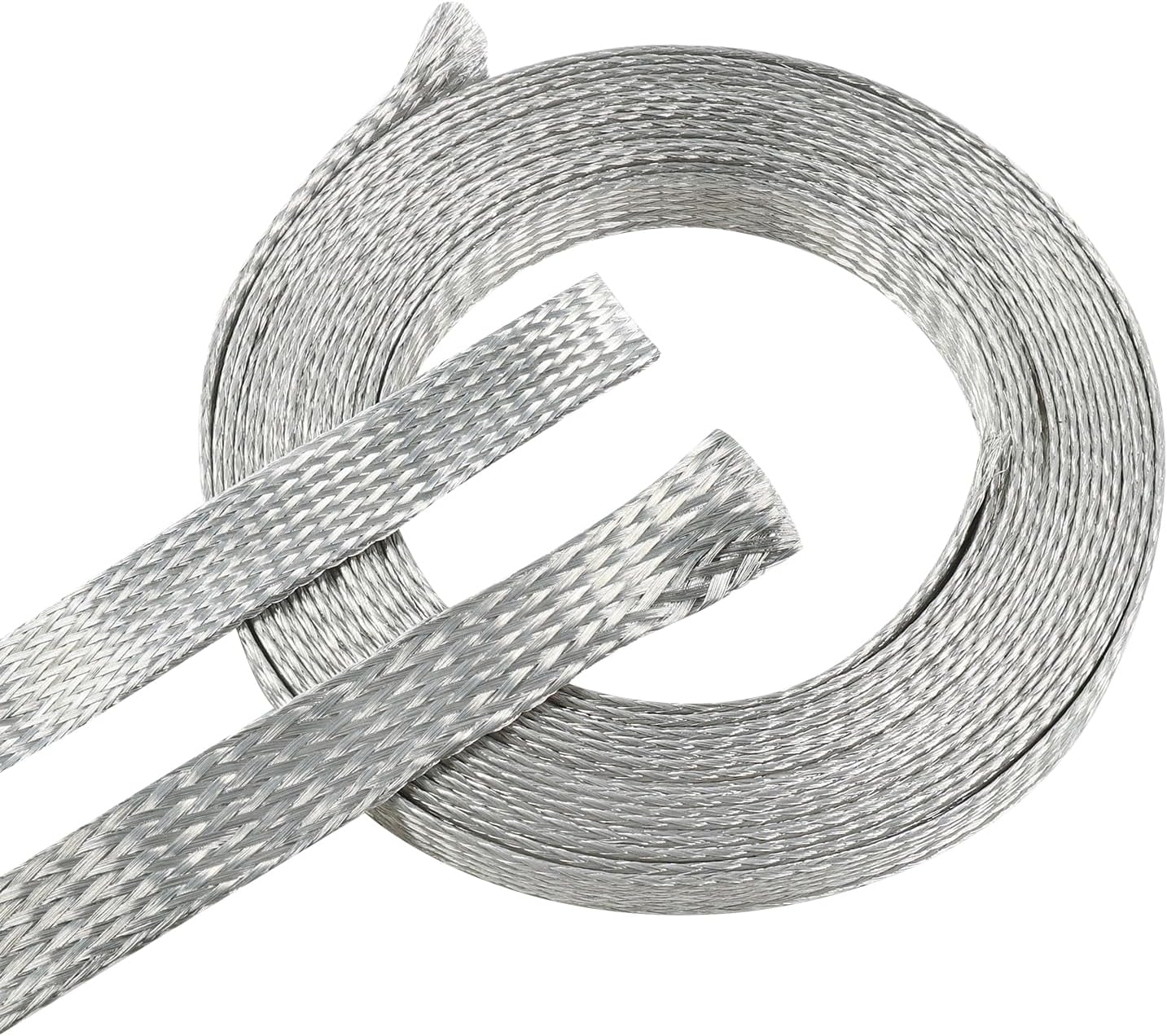 Tinned Copper Metal Braid Sleeving Wire Shielding Sleeve Braided Copper Ground Straps EMI/RFI Interference Expandable Flat Mesh Shielding Cable for Protect Wire (1/2inch-22ft)