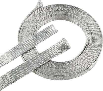 Tinned Copper Metal Braid Sleeving Wire Shielding Sleeve Braided Copper Ground Straps EMI/RFI Interference Expandable Flat Mesh Shielding Cable for Protect Wire (1/2inch-22ft)