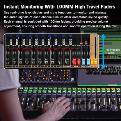 Digital Mixer 16 Channel,Sound Board Mixing Console, Dual DSP Reverb, Dual 7-Band EQ, 48V Phantom Power, 4 Group Stereo Output Input, PAD