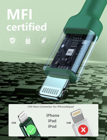 USB C to Lightning Cable 6FT 2Pack USB-C Fast Charger Cable Mfi Certified Type C to Lightning Cord USBC for iPhone 13 12 11 Pro Max Mini X XS XR 8 Plus 10 SE iPad 8th (Green)